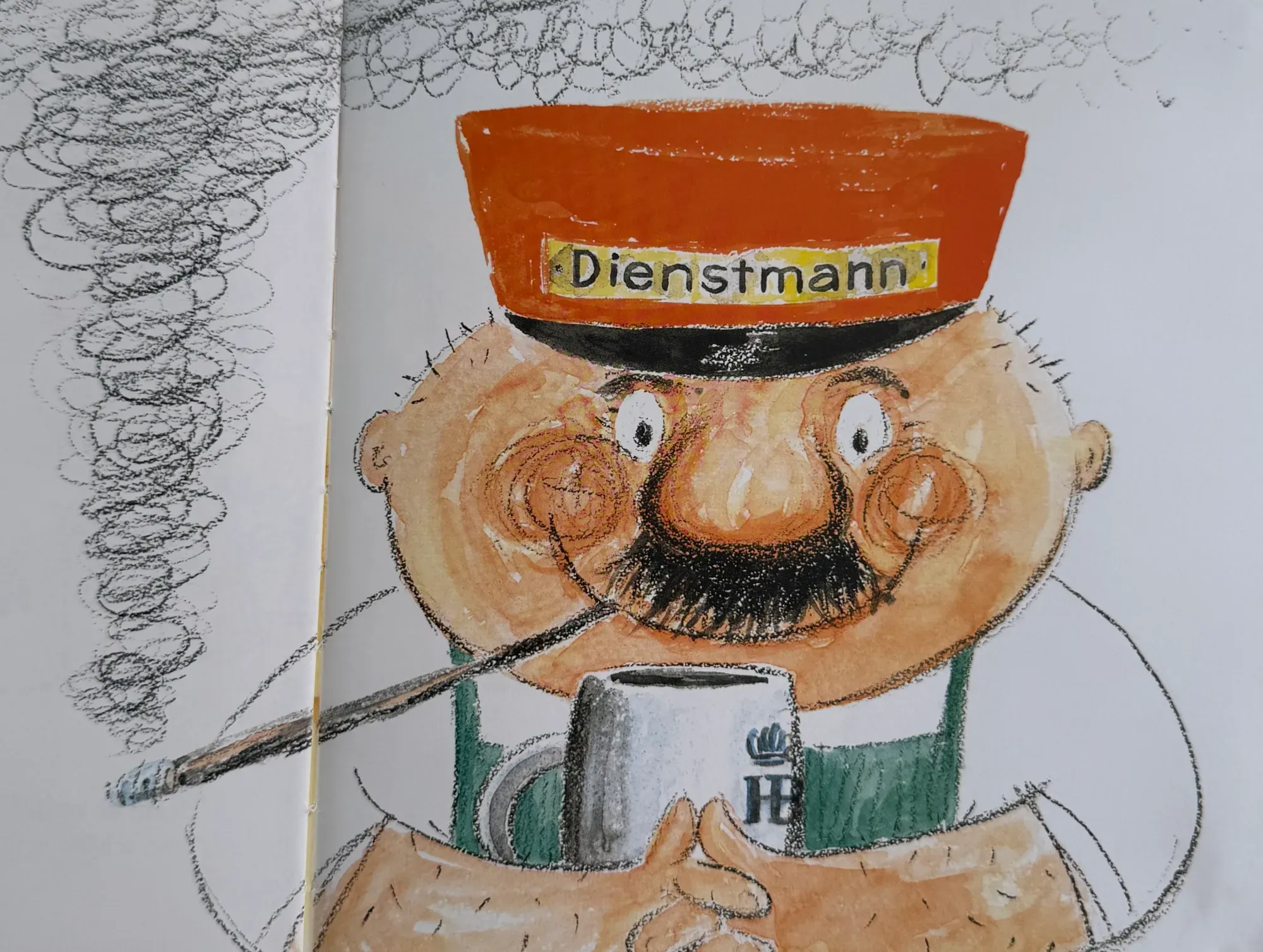 A cartoon illustration of Angel Aloisius, the Hofbräuhaus patron, holding a beer mug and smoking a cigar.