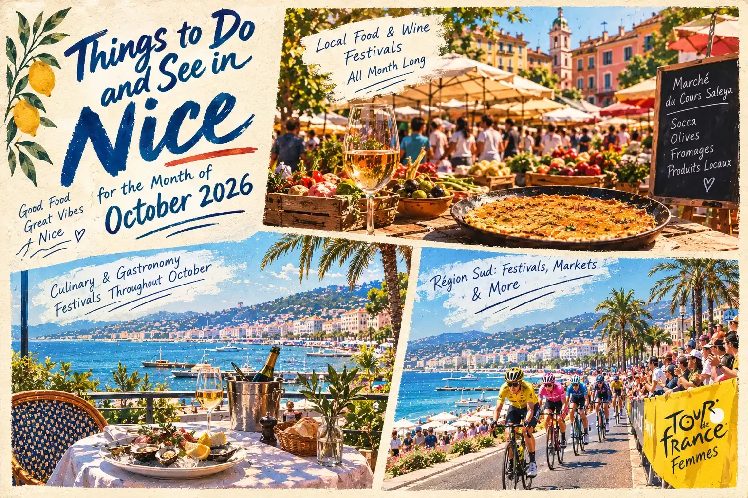 Collage of Nice showing food markets at Cours Saleya, sea view dining, and cyclists on the Promenade des Anglais.