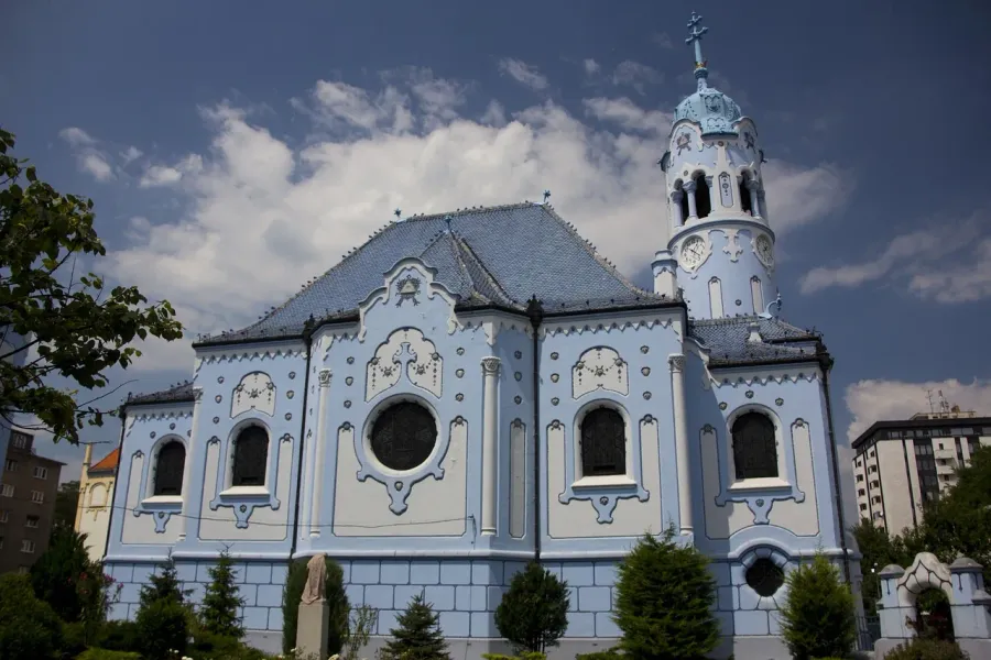 The iconic Blue Church in Bratislava, Slovakia, a stunning example of Art Nouveau architecture.