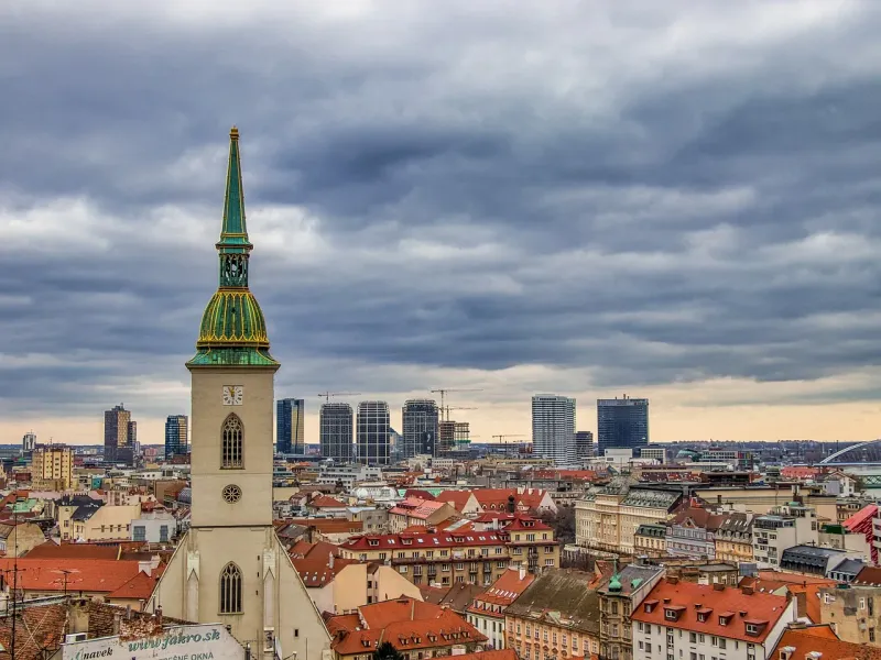 Panoramic view of Bratislava, Slovakia, featuring St. Martin's Cathedral.