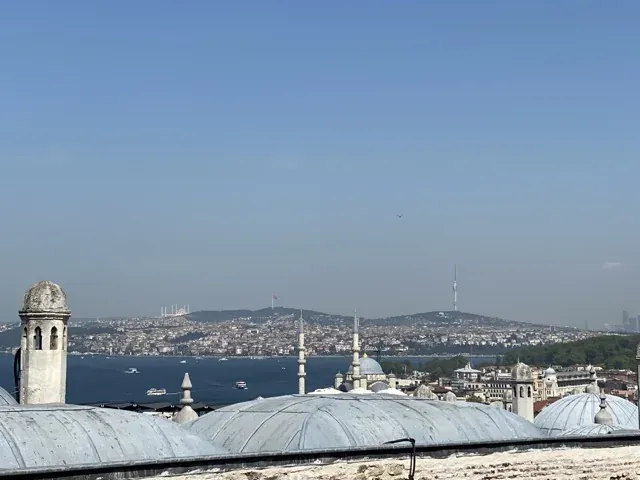 Panoramic view of Istanbul's skyline, showcasing the Bosphorus and historical architecture.