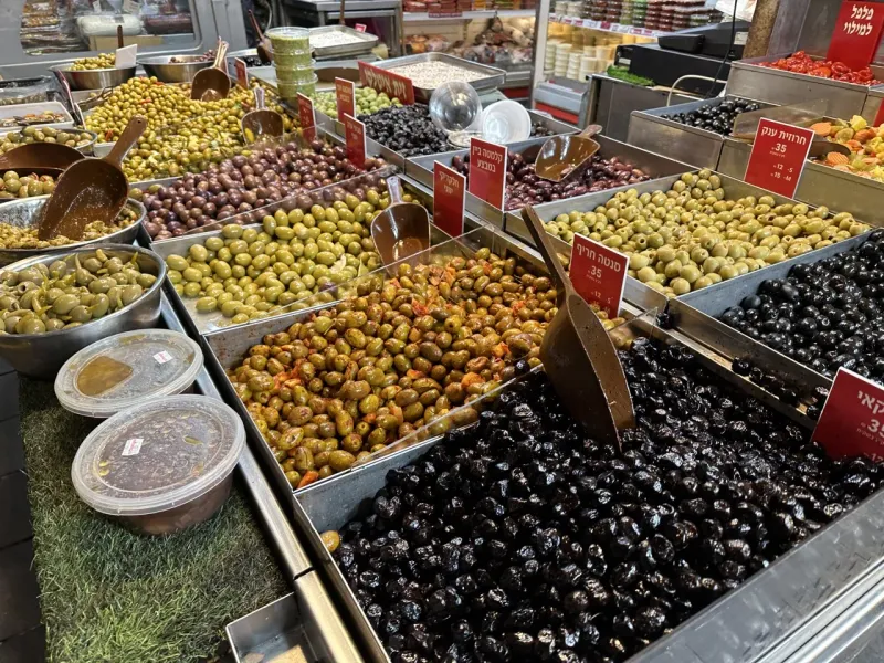 Assorted olives on display at the Machane Yehuda Market in Jerusalem.