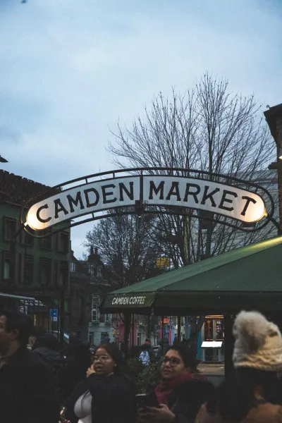Tourists gather near the iconic Camden Market arch in London.