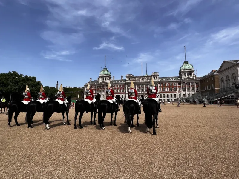 Mounted Household Cavalry at Horse Guards Parade in London.