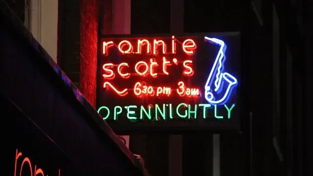 Neon sign for Ronnie Scott's Jazz Club in London.