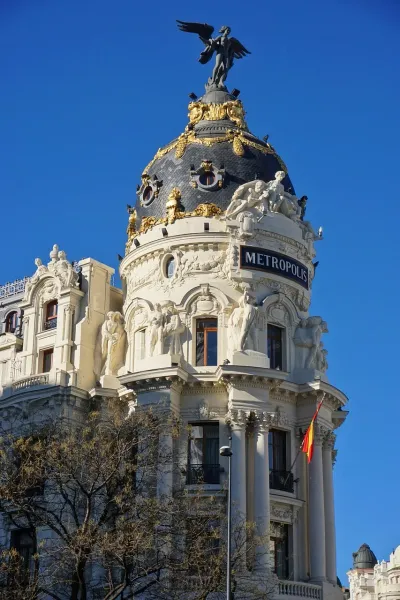 The iconic Metropolis Building in Madrid, Spain.