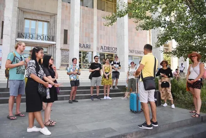A guided tour group in Tbilisi, Georgia.