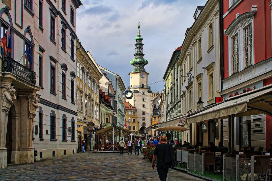 Bratislava Old Town street view with Michael's Gate.