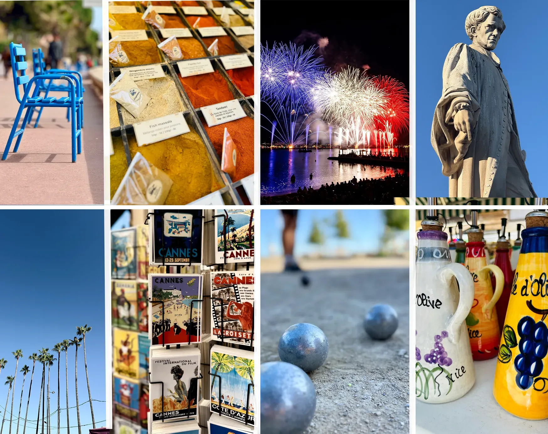 Collage showcasing Cannes: blue chairs, spices, fireworks, a statue, postcards, and pétanque.