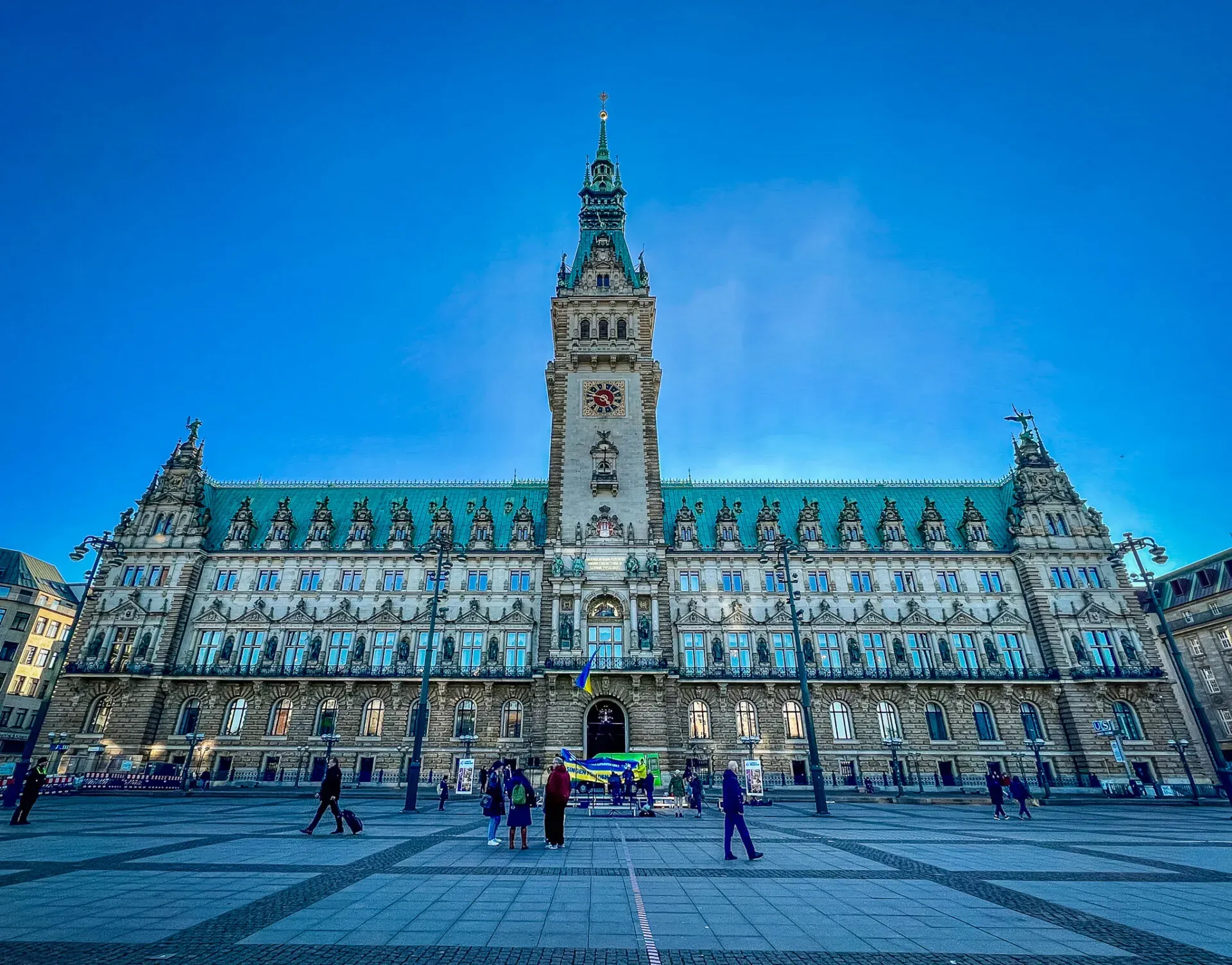 Hamburg City Hall, a stunning architectural landmark, on a sunny day.