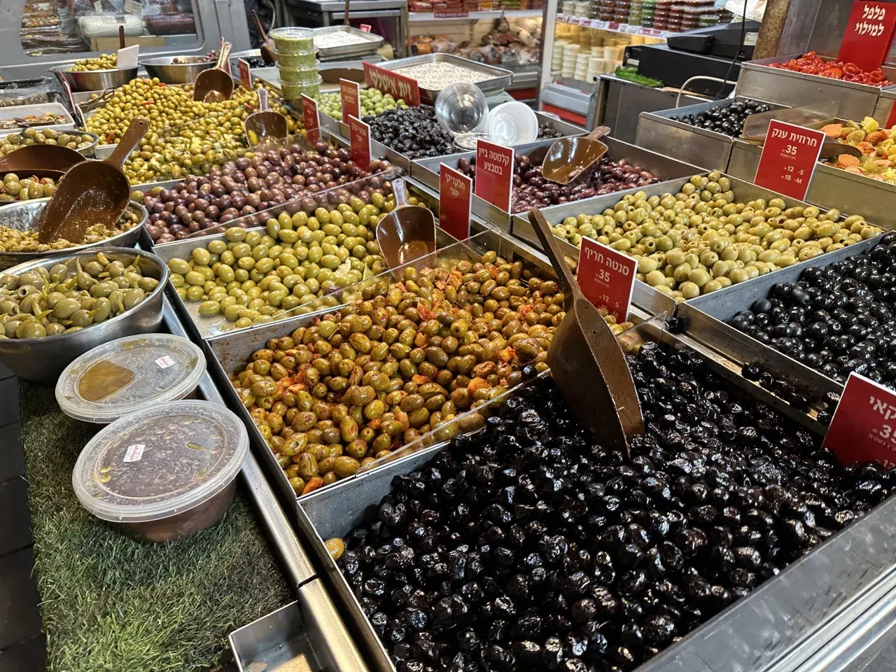 Assorted olives on display at the Machane Yehuda Market in Jerusalem.
