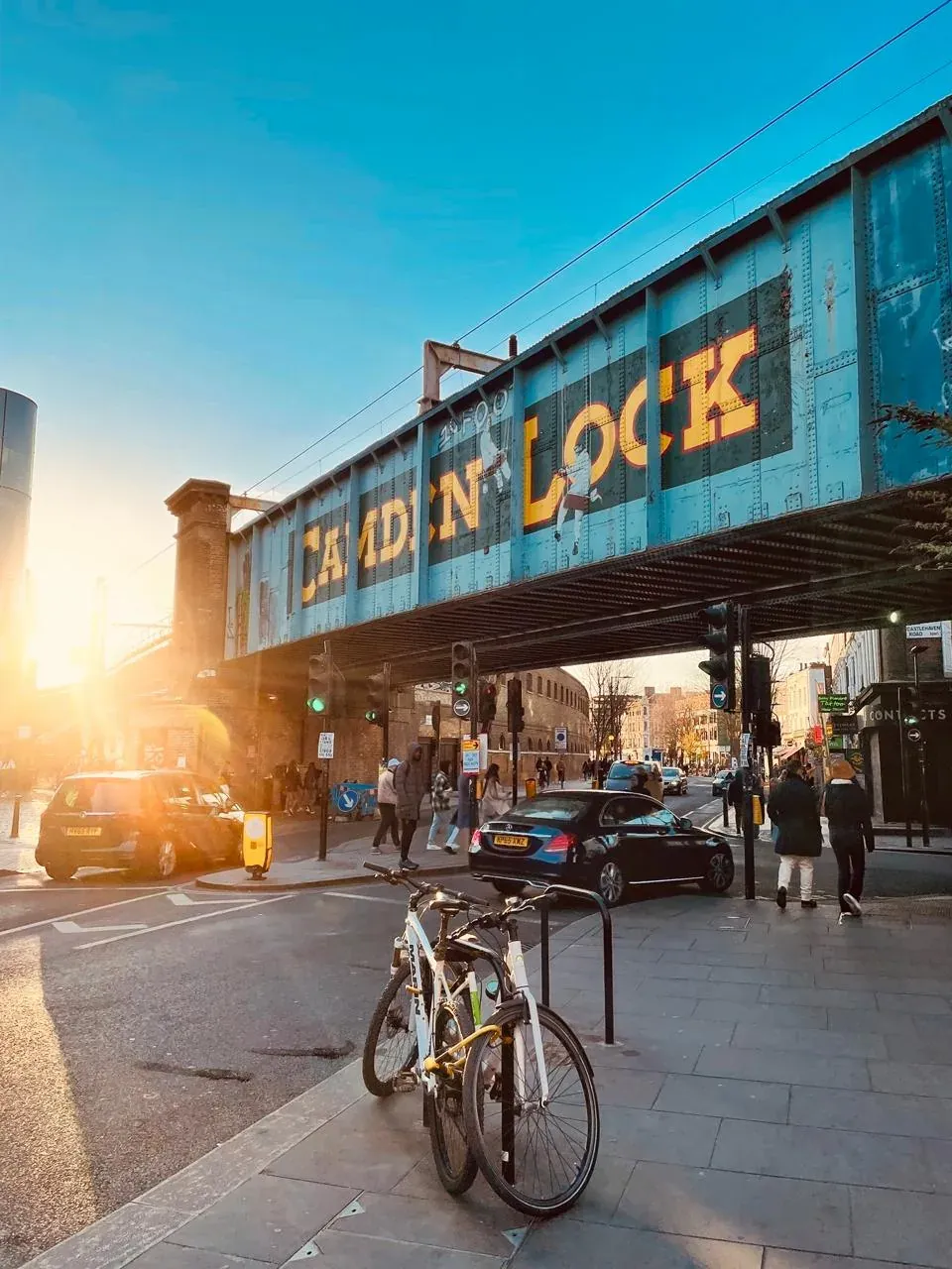 Sunset view of Camden Lock in London, England.